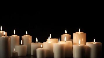 Set of burning candles on dark table in church. Black background. Space for text. Memory day concept. photo