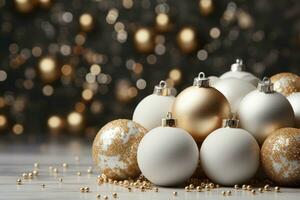 Set of gold and white shiny xmas tree balls on a background of Christmas lights. Festive winter background. Copy space. Ai generated photo