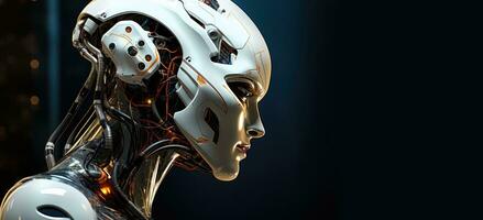 Graceful metal female robot in profile on a black background. Future technologies. Copy space. Ai generated photo