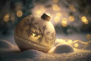 Festive Christmas wallpaper with a ball for a xmas tree with a snowflake that lies on the snow. Winter season backgroung in white and gold color. Ai generated. photo