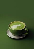 Trendy matcha latte with milk foam in cup on deep green background. Studio shot. Copy space. photo