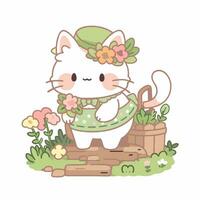 Cartoon style Cat planting a tree. Hand drawn Vector illustration.