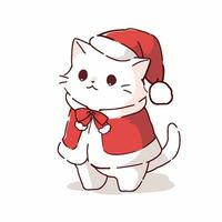 Cartoon style Cat wearing a Santa suit. Hand drawn Vector illustration.