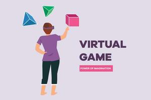 Happy people playing virtual game. Virtual game  concept. Colored flat vector illustration isolated.