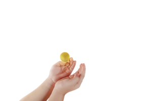 Children's hands receiving gold coins PNG transparent