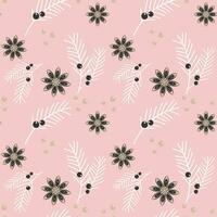 Christmas winter pink pattern with stars anise, twigs fir, juniper branches with berries. vector