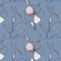 Pattern with flowers in doodle style, beautiful glamorous and elegant outline flowers on blue background, fashion, beauty, cosmetics, luxury and chic. vector