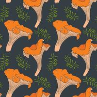 Chanterelles and moss pattern on dark background. vector