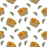 Pattern with basket of chanterelle mushrooms and moss. White background. vector