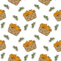 Pattern with basket of chanterelle mushrooms and moss. White background. vector