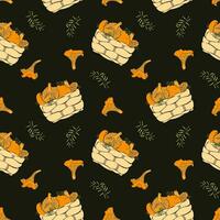 Dark pattern with mushrooms and basket of chanterelles and moss. vector