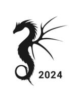 2024 Year of the Dragon, hand drawn dragon silhouette in black color, isolated, white background. vector