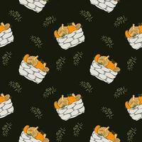 Pattern with basket of chanterelle mushrooms and moss. Dark green background. vector