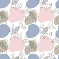 Contour cocoa or coffee branch with abstract shapes in pink and blue, seamless pattern. vector