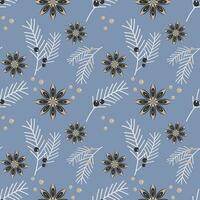 Christmas winter blue pattern with stars anise, twigs fir, juniper branches with berries. vector