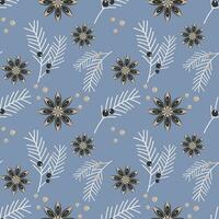 Christmas winter blue pattern with stars anise, twigs fir, juniper branches with berries. vector