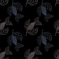 Dark pattern with pink and blue cocoa branches. vector