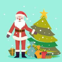 Christmas card, Santa near Christmas tree and gifts. Vector flat illustration.