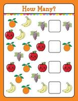 cómo muchos juego para niños buscando y contando actividad para preescolar niños con Fruta vector