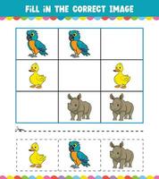 Education game for children Fill In The Correct Image with Cute Animal vector