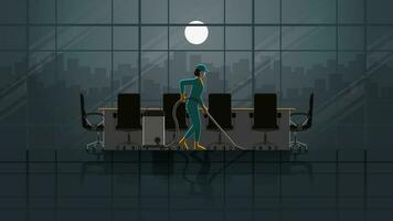 A woman cleaning maid service working in office meeting room. Alone in the dark vector