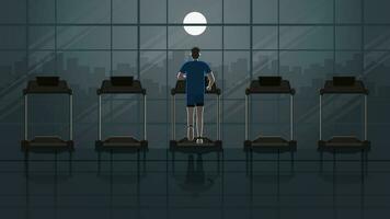 Back view of a man running on treadmill in empty fitness center at night vector