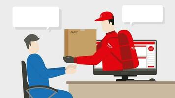 Fast delivery concept. Delivery man and parcel box get through computer screen. vector