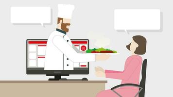 Fast delivery concept. Chef serving his food through computer screen vector