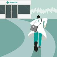 The doctor run to the hospital building. vector