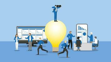 Businessman use binoculars stand on the big bulb. Look for business idea with busy teamwork vector