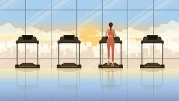 Back view of alone woman running on treadmill in empty fitness center vector