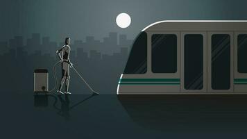 robot trabajo en tren estación plataforma para 24 horas en el oscuro y lleno luz de la luna sin gente. vector