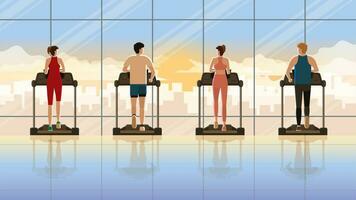 Back view group of person running on treadmill in fitness center vector