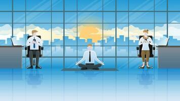 Attention from colleagues. Meditation businessman sitting cross-legged on yoga mat at workplace. vector