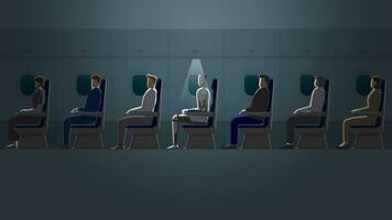 robot sitting awake in a plane cabin in the dark vector