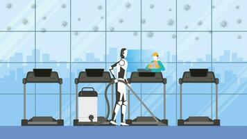 Artificial intelligence mechanism uses automatic vacuum cleaner in treadmill fitness center. vector