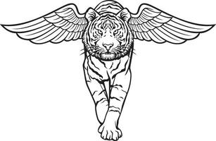 Tiger Walking with Wings Black and White. Vector Illustration.