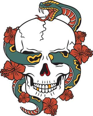Skull Old School Tattoo with Snake and Hibiscus Flower Color. Vector Illustration.