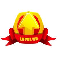 Game level up badge icon. Vector bonus rank reward emblem with golden raising arrow, award ribbon, and shield. Winner evaluation ui or GUI app element, user interface rating achievement