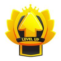 Game level up badge icon with raising arrow, crown, and shield. Winner evaluation UI or GUI app element, user interface rating achievement, vector