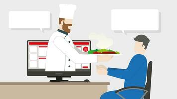 Fast delivery concept. Chef serving his food through computer screen vector