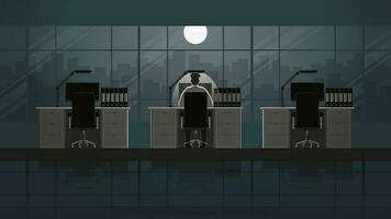 Employee man working on desktop computer in office workplace. Alone in the dark vector