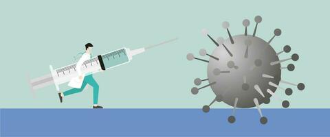 Medical concept. Doctor hold the the very big syringe and run to the virus vector