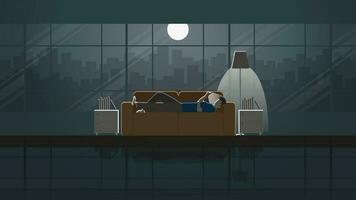 A man lay down on sofa and use smart phone stay in house. vector