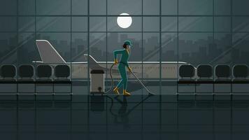 A woman cleaning maid service working in airport terminal at night vector