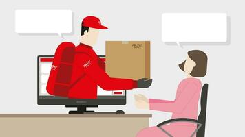 Fast delivery concept. Delivery man and parcel box get through computer screen vector