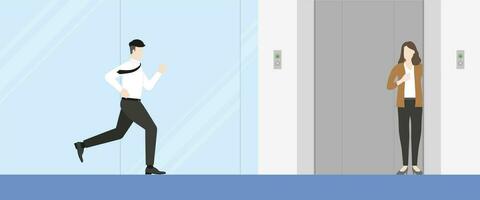 Urgent lifestyle concept. Office man running to office lift. vector