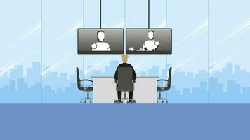 People sit and listen to the robot talking by internet from video conference. vector