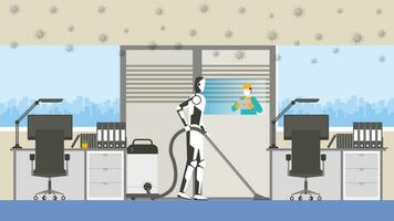 Cleaning robot control by human remote in risk area. office working room. vector