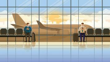 Love at first sight concept of LGBT between males. Using smartphone at the international airport terminal. vector